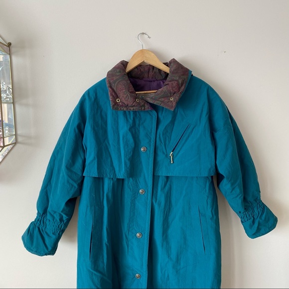 Vintage Long Trench Winter Jacket Teal and Purple with waist tie and zipper - Picture 3 of 15